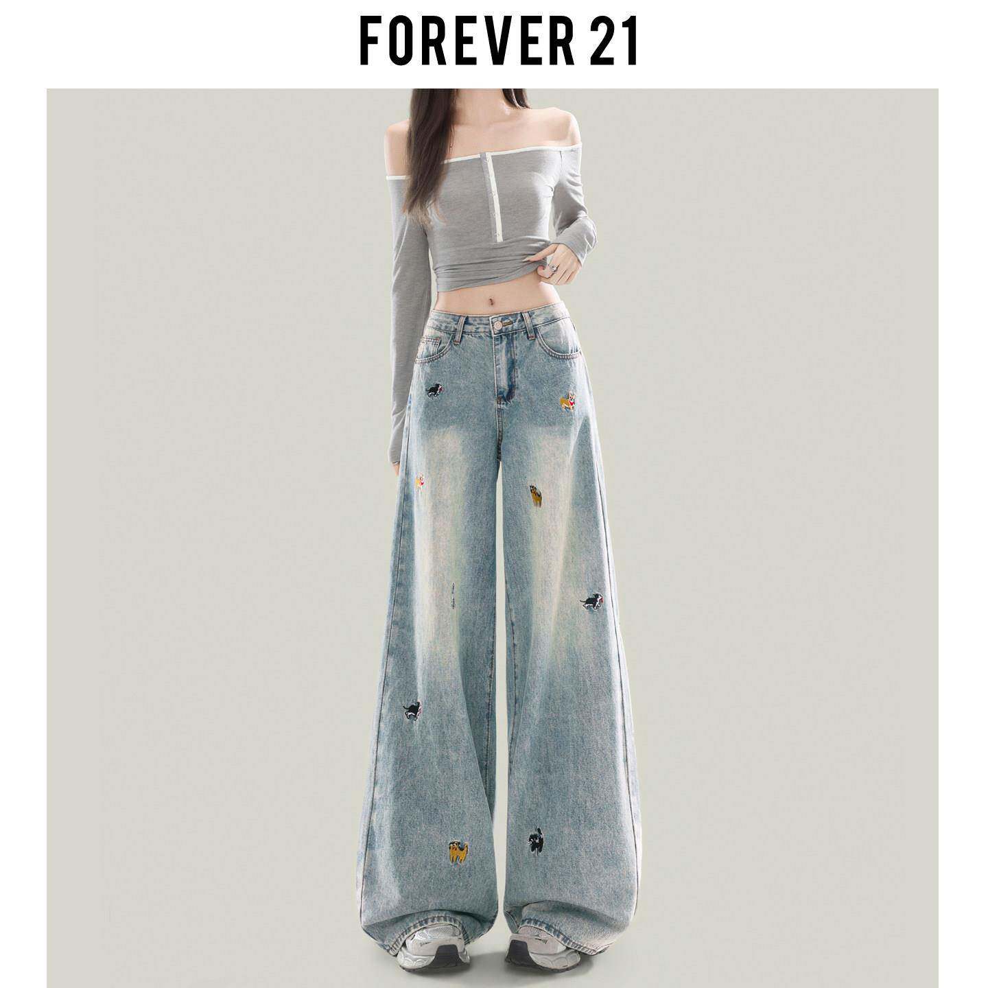 Forever 21新款小狗刺绣阔腿牛仔裤女美式浅蓝色高腰窄版直筒裤子