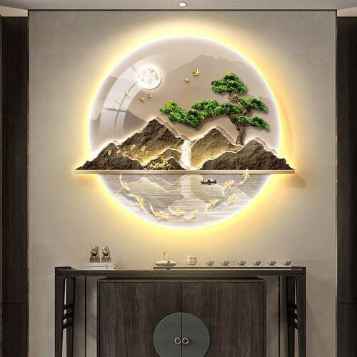 流水生财入户玄关装饰画山水画led灯壁画新中式客厅走廊过道挂画