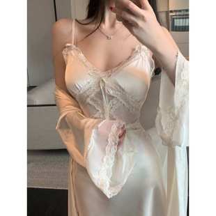 睡衣女纯欲风冰丝春夏季 奶油玫瑰 性感吊带睡裙带胸垫睡裙宫廷风