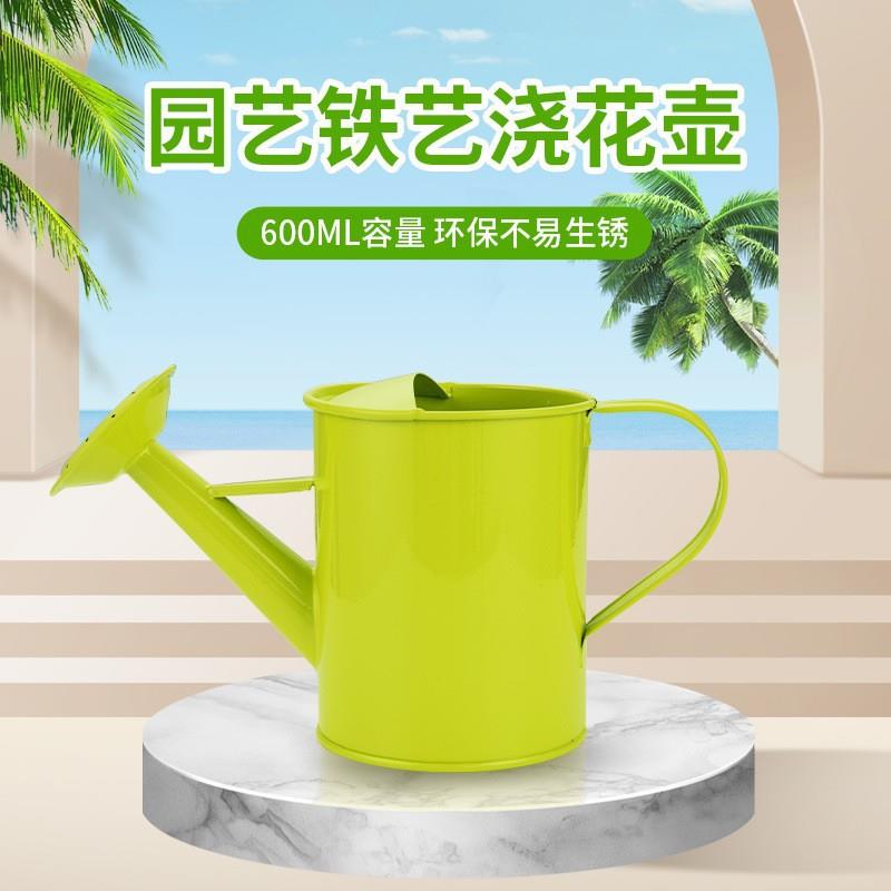 园艺铁皮600ML洒水壶儿童浇花壶铁艺清新绿色喷粉花园种植工具