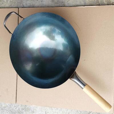 正品中华熟铁炒锅炒菜锅镬无涂层圆尖底老打手生铁锅式木把手锅免