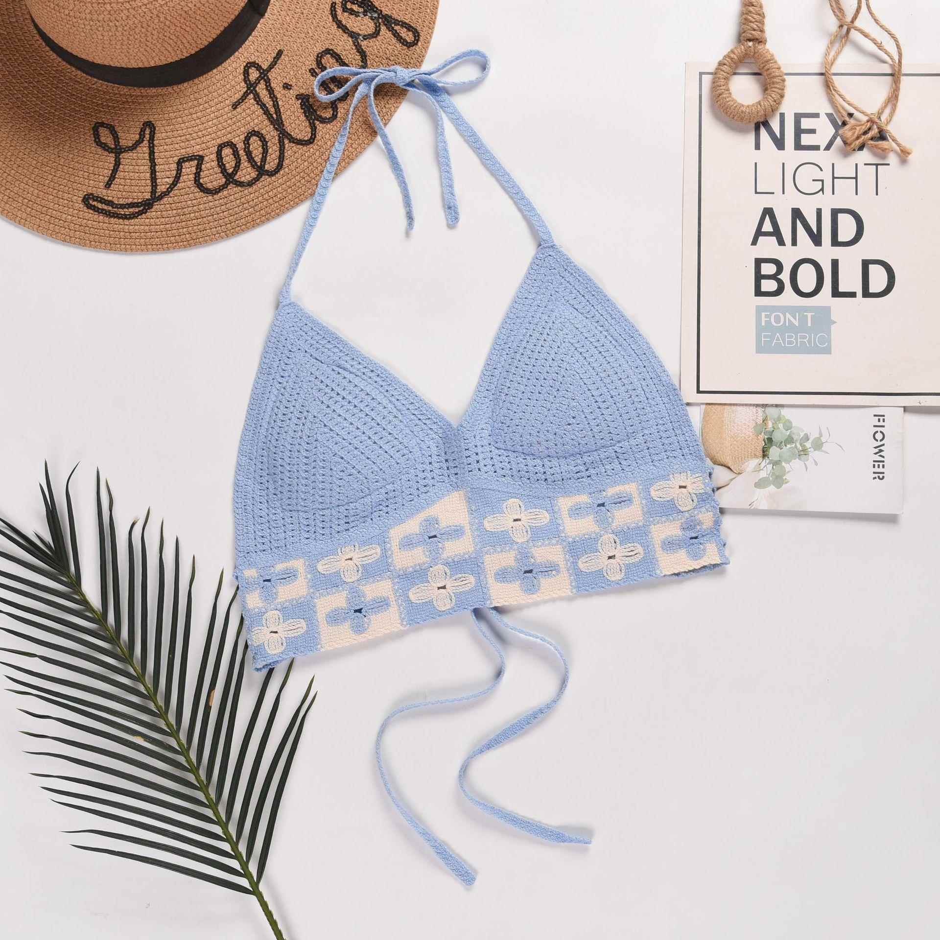Bikini Tops Knitted Halter Neck Embroidery Bra Women Hollow