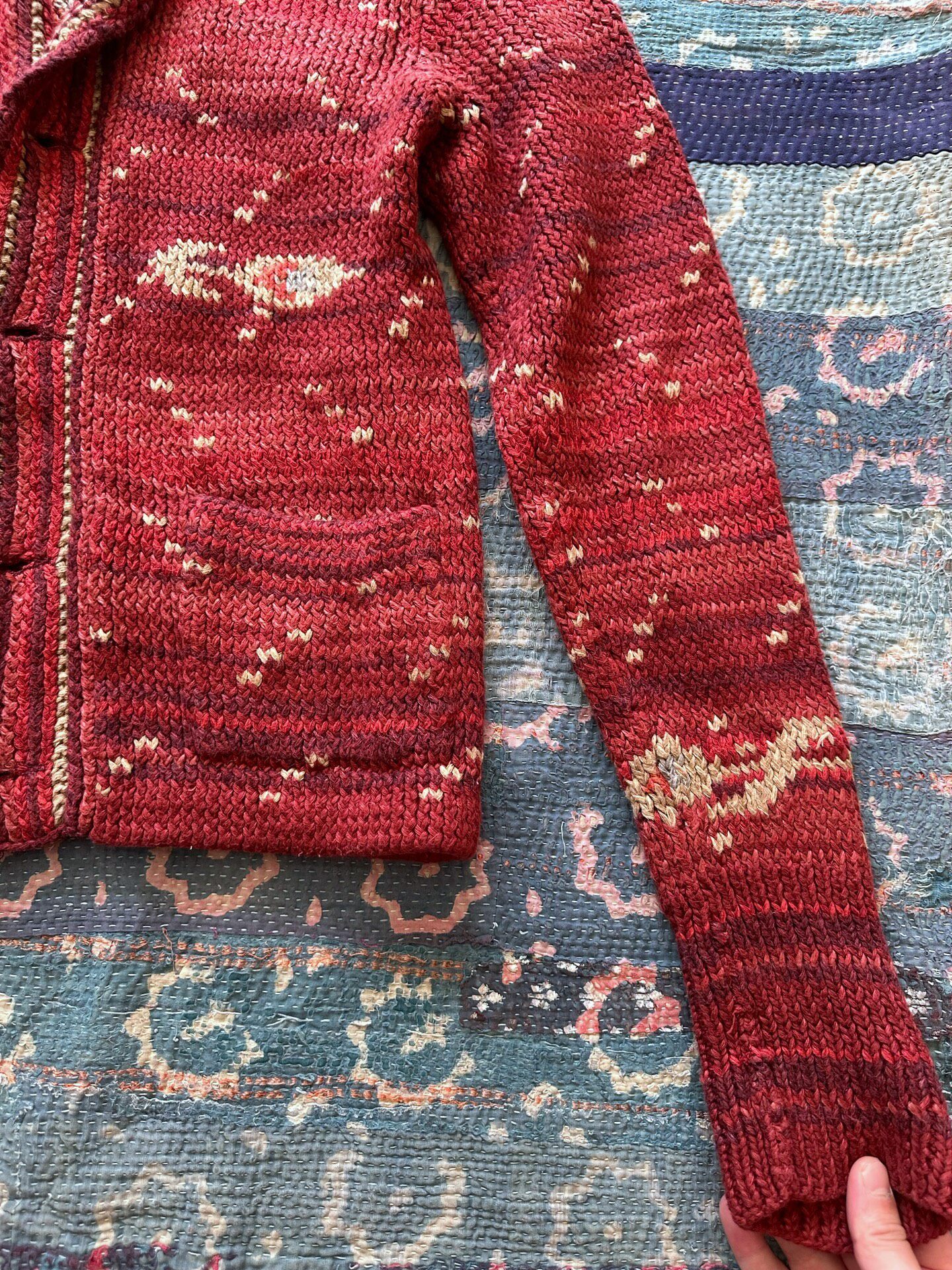 RRL Red Cardigan with Cream Patterns — detail