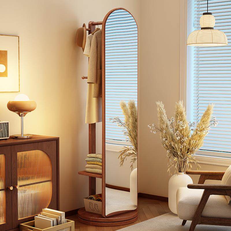 移动实木带挂衣架全身镜穿衣镜落地一体试衣镜子镜家用卧室可旋转