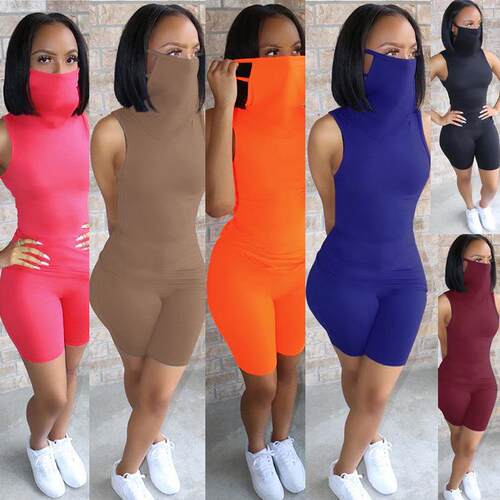 Women's Mask Elastic Tight Sports Tank Top Shorts Two Pack