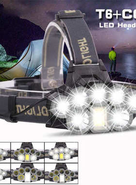 跨境新款强光头灯 USB充电T6+COB户外防水照明远射多功能8LED头灯