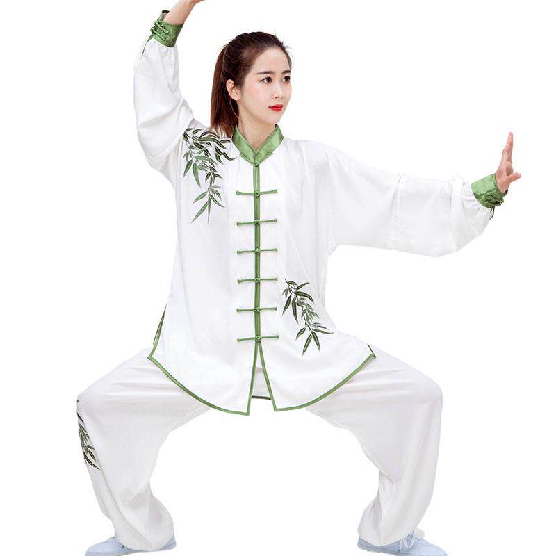 正品飘式春秋新款逸白领竹叶梅刺绣太极服男女八太段锦极拳练功服