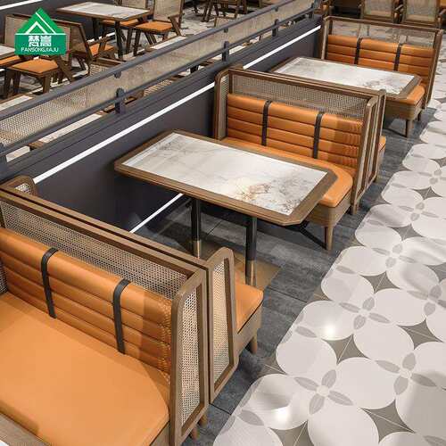主题餐厅西餐厅靠墙藤编卡座沙发东南亚风茶餐厅实木餐椅商用