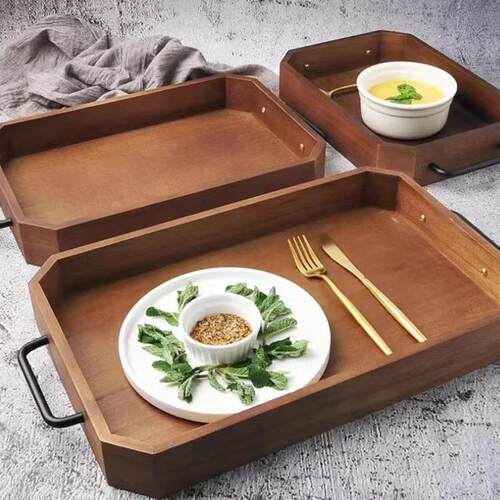 复古长方形实木托盘铁把手家用下午茶点心盘咖啡盘面包水果展示盘