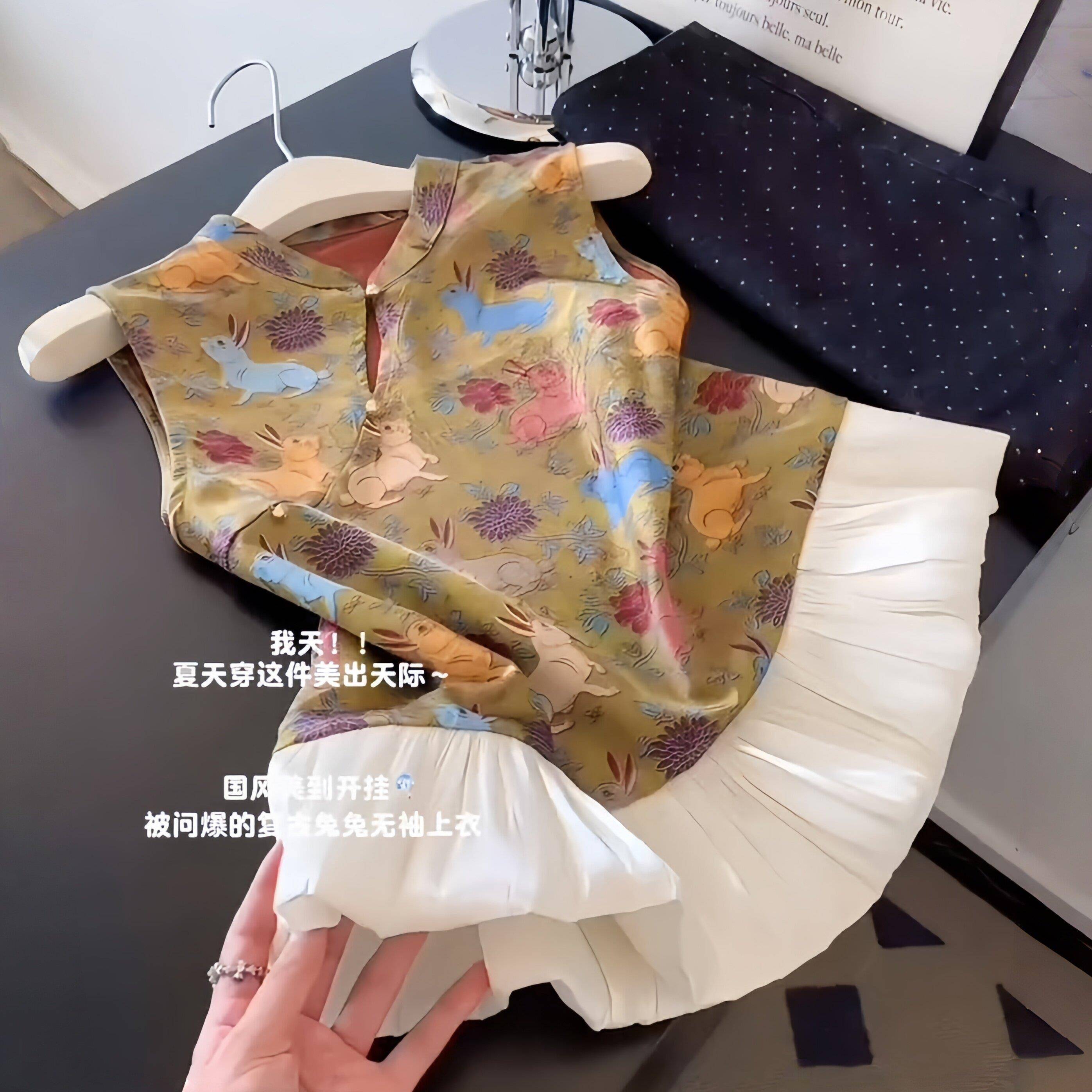 极速新中式高级感轻奢洋气兔子印花拼接无袖小衫小香风上衣2026年
