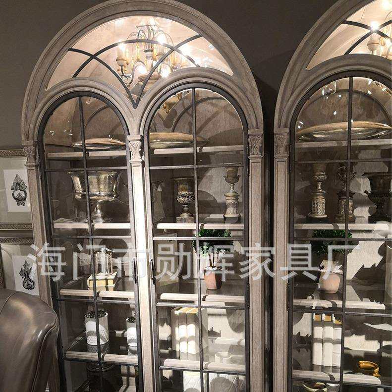 美式乡村复古实木餐边柜欧式玻璃金属漆门展示柜法式实木酒柜制作
