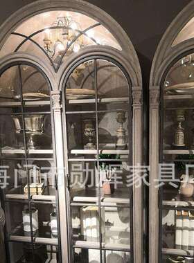 美乡村复实木式餐边柜欧古玻璃金属漆IJB门展示柜法式实木式酒柜