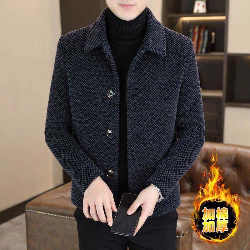 高端金貂绒外套男秋冬新款格子翻领休闲加厚男士修身短款毛呢夹克