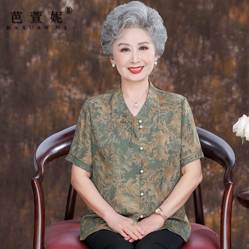 老年人妈妈夏装短袖衬衫60岁70奶奶夏装套装老太太衣服加肥加大码