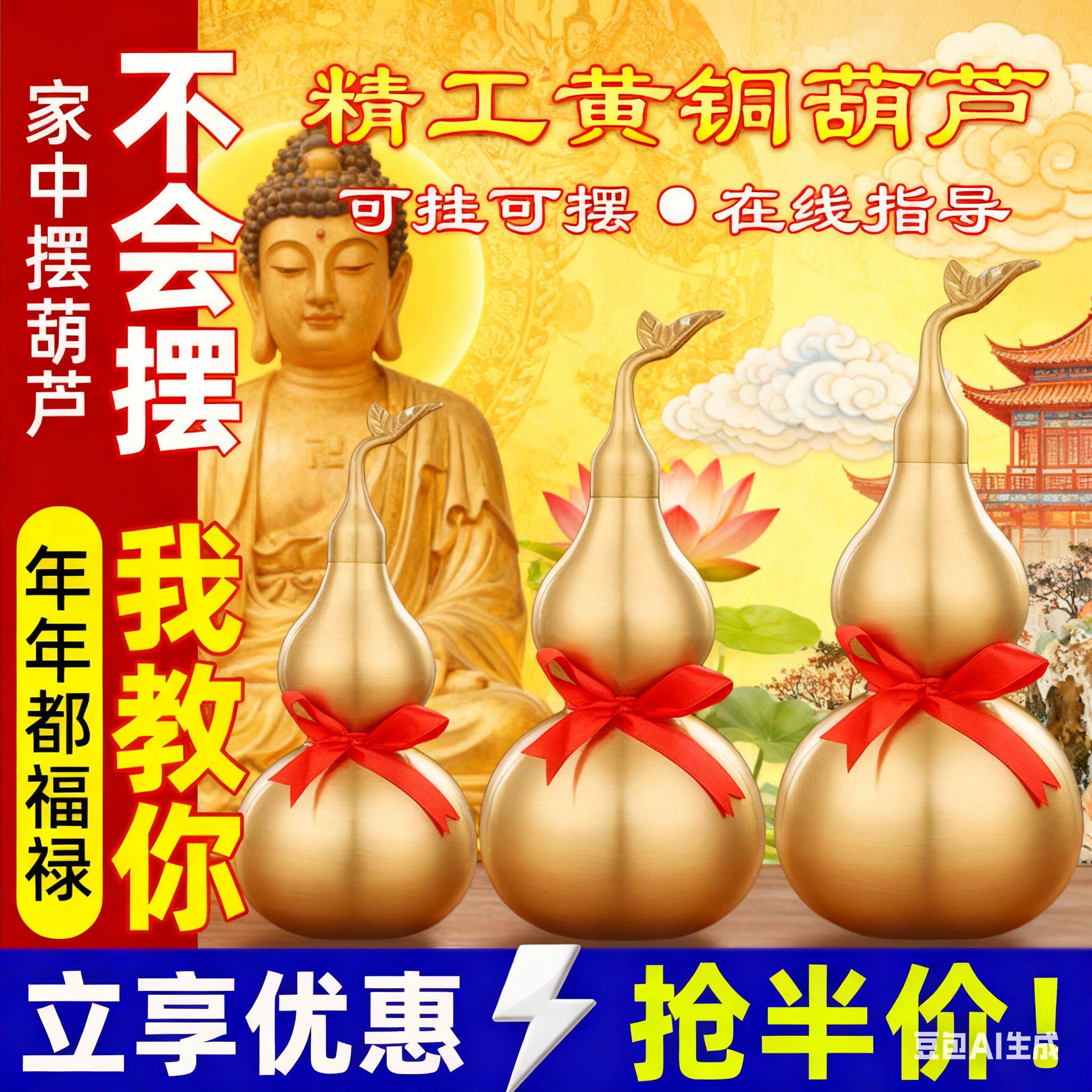 黄铜葫芦家居摆饰八卦挂件办公纯客厅卧室铜开口盖空心葫芦工艺礼
