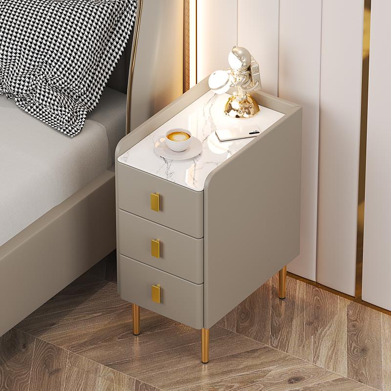 超窄小型床头柜现代简约家用卧室小户型岩板两抽三抽屉实木床头柜