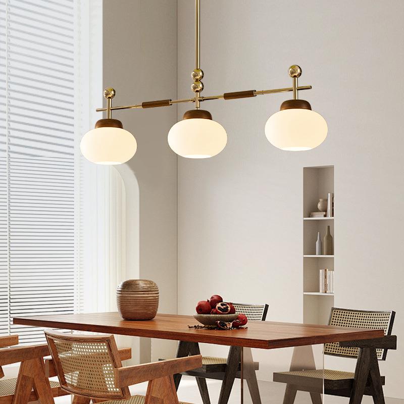 中古风意柿创子条餐厅ERE吊美式复古胡桃木色吧台玻灯璃吊长灯