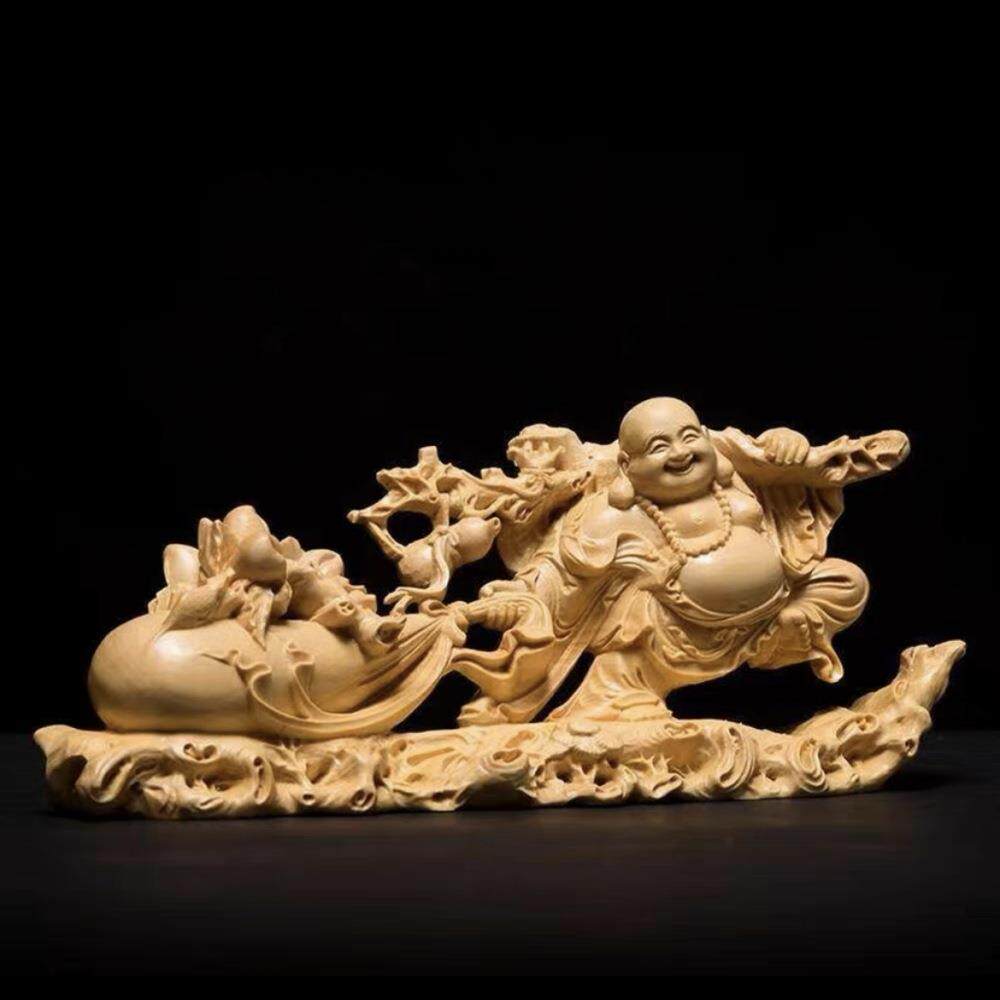小叶黄杨木拖福袋弥勒佛摆件长14厘米实木雕刻弥勒佛镂空雕刻工艺