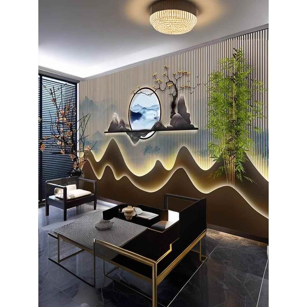 竹木纤维吧台公司前台背景墙板新中式茶室餐厅沙发主卧床头集成板