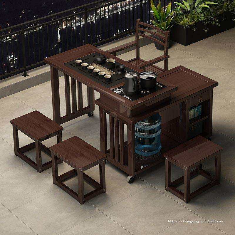 家用可移动伸缩折叠茶桌客厅小茶台实木旋转茶桌烧水壶茶具全套