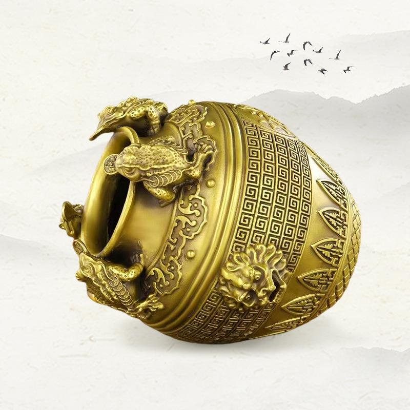 纯铜金蟾聚宝盆四方纳财坛子铜存钱罐客厅家居店铺开业工艺品摆件