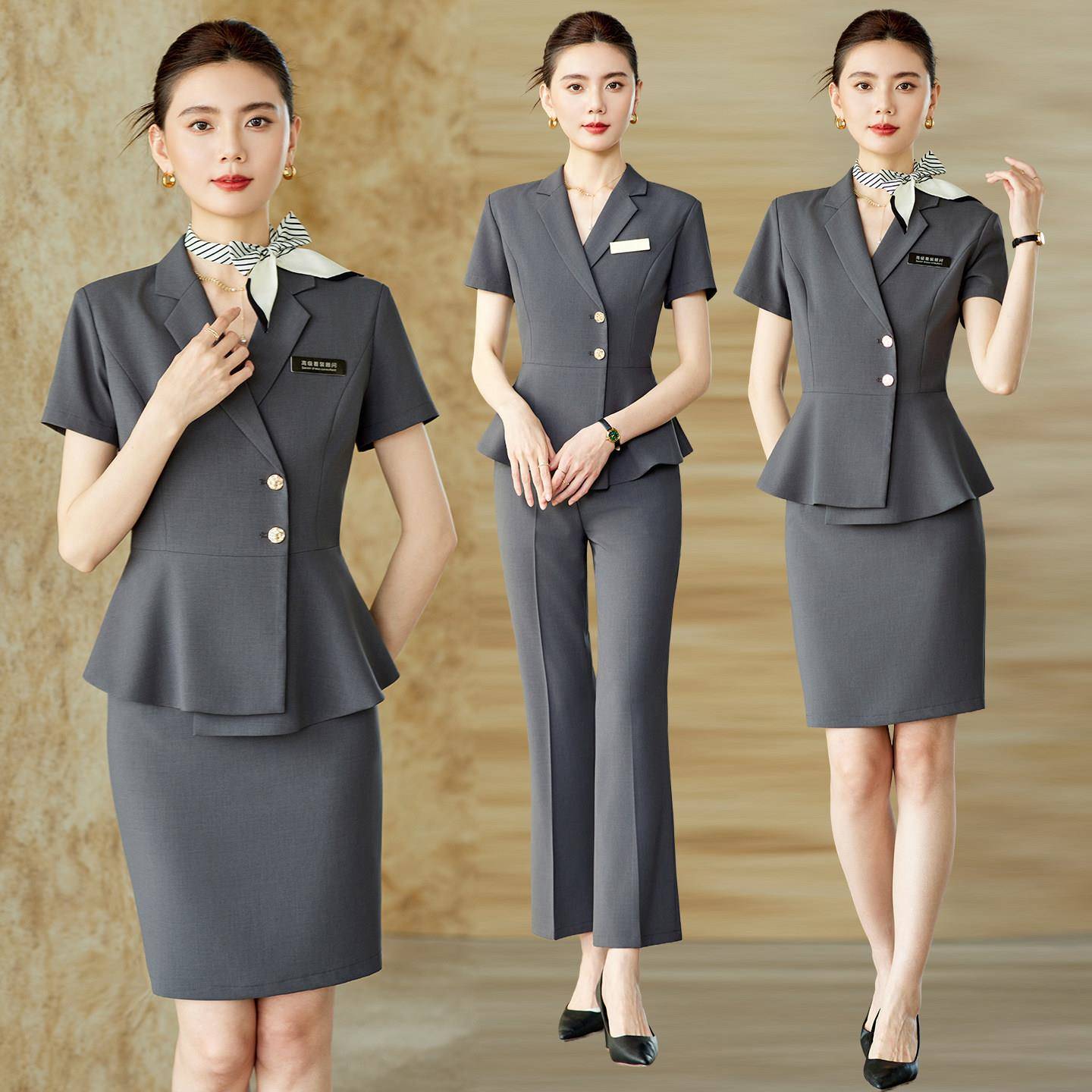 职业装短袖西装套装夏季酒店服务员工装珠宝店工作服美容师两件套