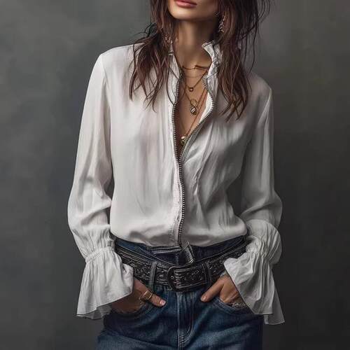 Long sleeved zipper round neck women's top shirt silhouette