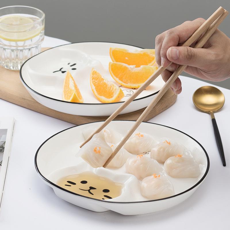 可爱饺碟盘子带醋陶水瓷分格碟盘子KAA创意网红日式餐具家用蒸饺
