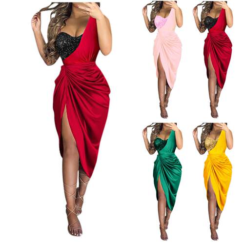 New Solid Color Slit Long Skirt Ruched One Shoulder Elegant