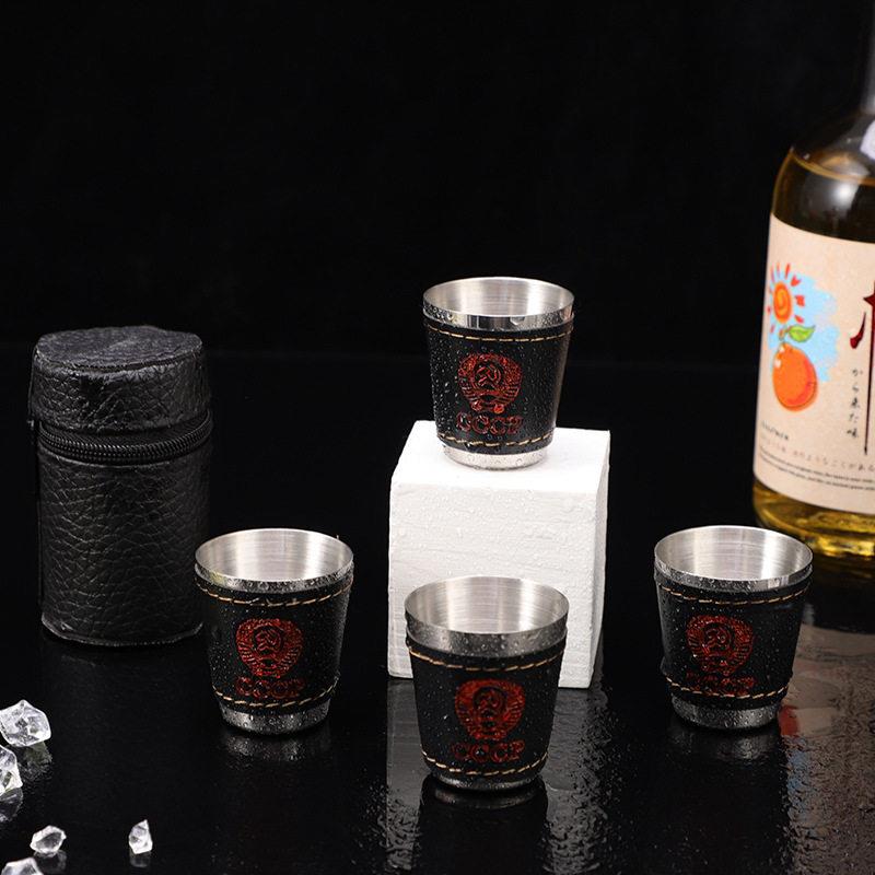 供应 不锈钢酒杯套装 随身小酒杯子 白酒杯 cccp 30毫升贴皮套杯