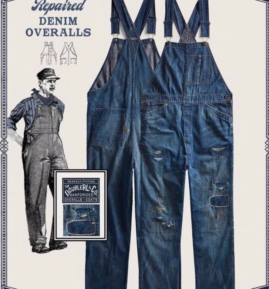 RRL Blue Distressed Denim Overalls — label