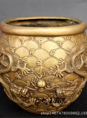 纯铜双龙笔洗摆件 仿古双龙戏珠铜缸 四龙戏珠 文房书房家居装饰