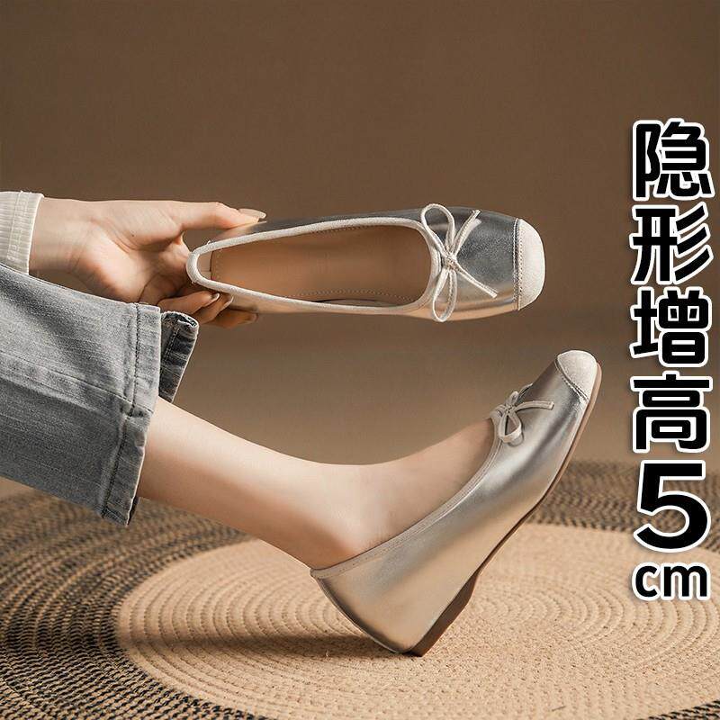 香港小个子内增高芭蕾舞鞋女春季方头银色平底单鞋蝴蝶结玛丽珍鞋