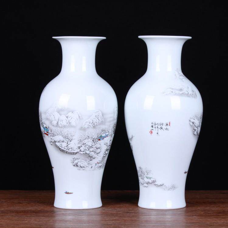 景德镇陶瓷工艺品青花雪景鱼尾瓶三件套花瓶现代家居时尚摆件