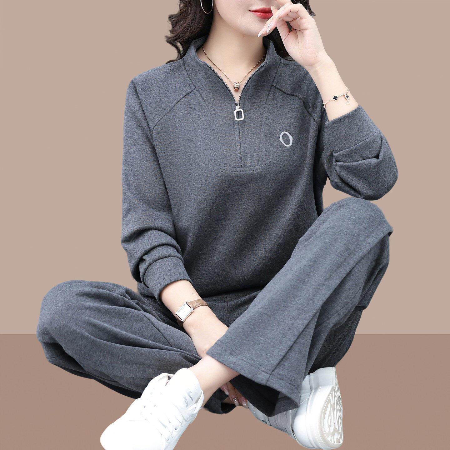 半拉链卫衣运动套装女2026新款春秋妈妈装灰色时尚休闲宽松两件套
