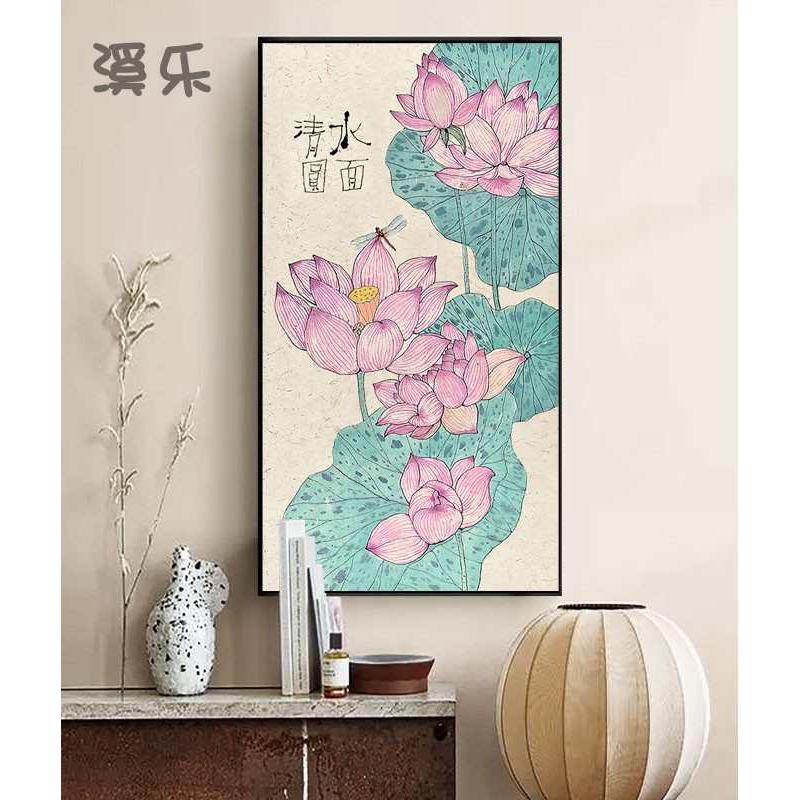 荷花玄关装饰画入户走廊过道竖版客厅墙壁画新中式入门背景墙挂画图片