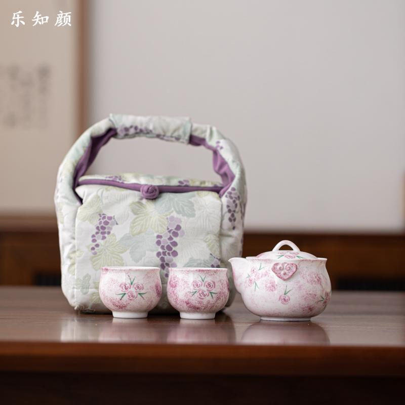 旅行装一壶两杯釉下彩手绘玫瑰花陶瓷功夫茶具茶壶茶杯户外便携装