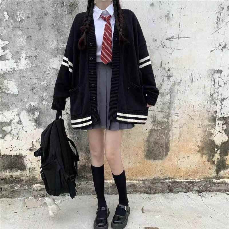 猫看花jk慵懒风新款外穿撞色毛衣女学生韩版宽松针织开衫上衣外套