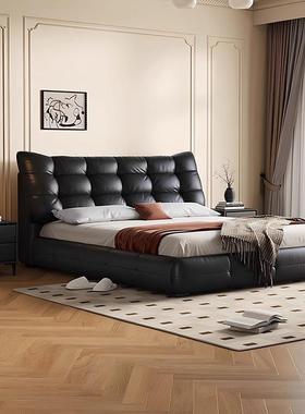 意式极简黑色床泡芙卧室双人真皮床高泡芙床现代简约端大气主包软