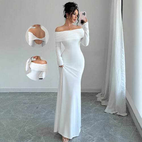 One line off shoulder pleated long skirt evening dress
