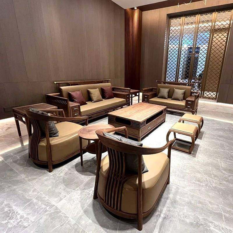 新中式北美黑胡桃木沙发宋式美学禅意实木真皮官帽别墅办公室家俱