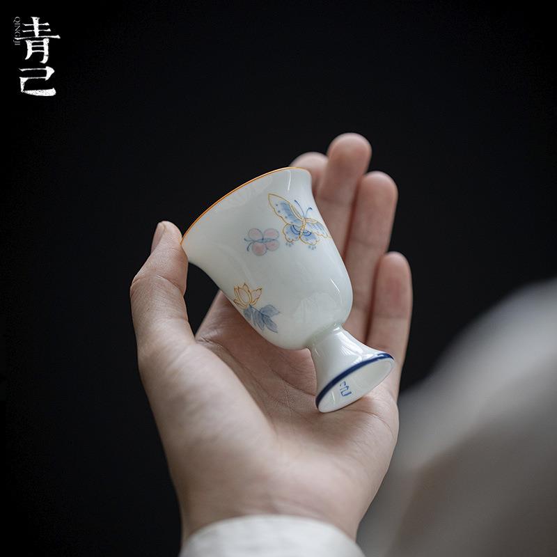 青己仿宋高足手绘蝴蝶品茗杯聚香茶杯闻香杯家用文人青花单杯