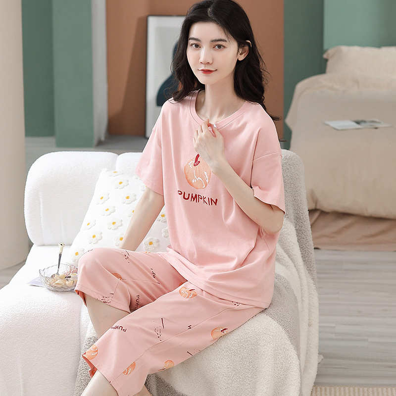 厂家直销夏季款女士纯棉圆领睡衣甜美休闲短袖七分裤可外穿家居服