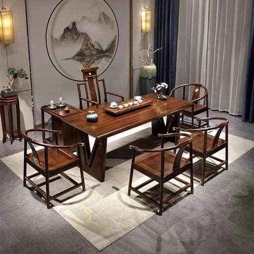新中式乌金木实木大板茶桌椅组合现代简约办公家用干湿泡茶台一体