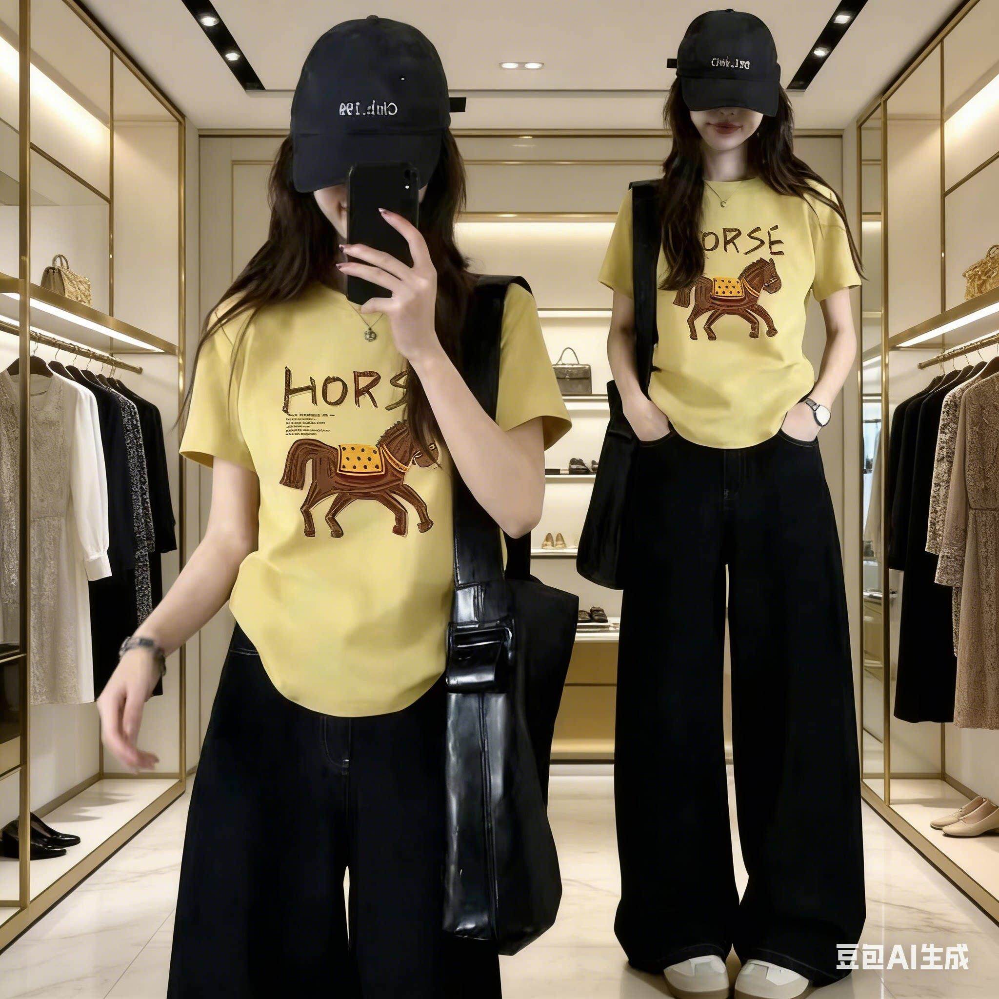 姜黄色正肩大码短袖t恤女夏季2026爆款马印花胖MM遮肚子圆领上衣