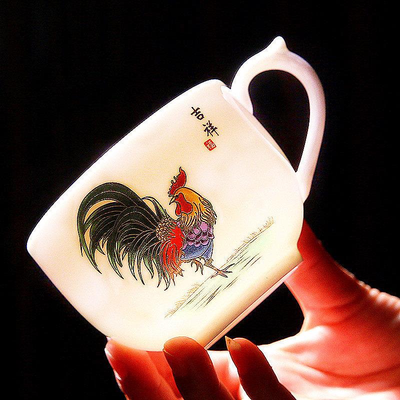 公鸡大号主人杯茶杯单杯羊脂玉白瓷咖啡杯带把杯垫陶瓷个人专用