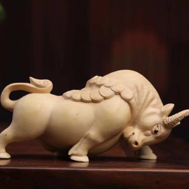 小叶黄杨根雕木雕铜钱牛生肖手把件动物文玩摆件木质工艺品