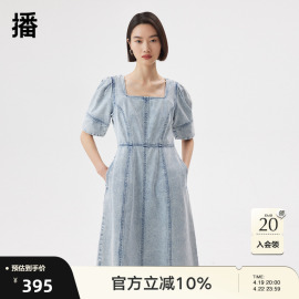 播夏复古泡泡袖创意分割线中长款牛仔连衣裙女DDQ2LD5116