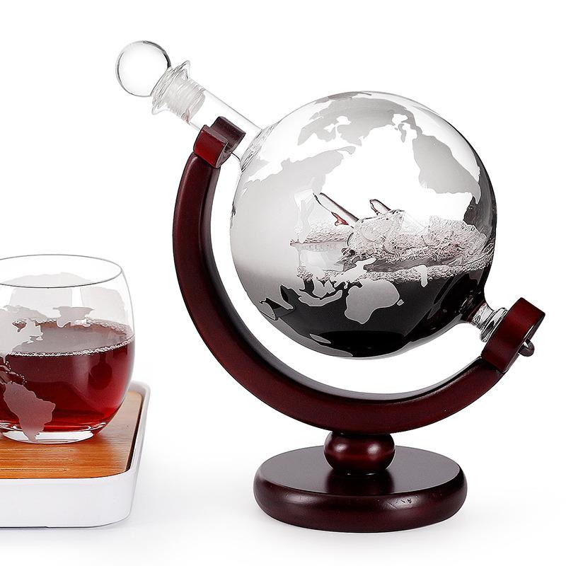 地球造型盛酒器工艺酒瓶威士忌盛酒器套装木架玻璃洋酒瓶