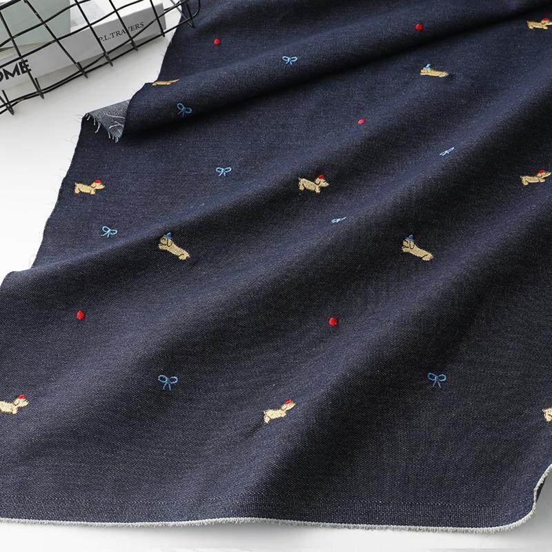 趣味卡通刺绣涤棉牛仔面料外套裙装裤装童装服装面料DIY手工布料